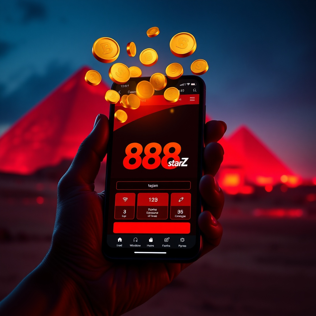 A hand holding a high-end smartphone displaying the official 888starz app with a red and black interface, background is the Great Pyramids of Giza at night with futuristic red neon lighting, 3D golden coins popping out of the screen, cinematic lighting, 8
